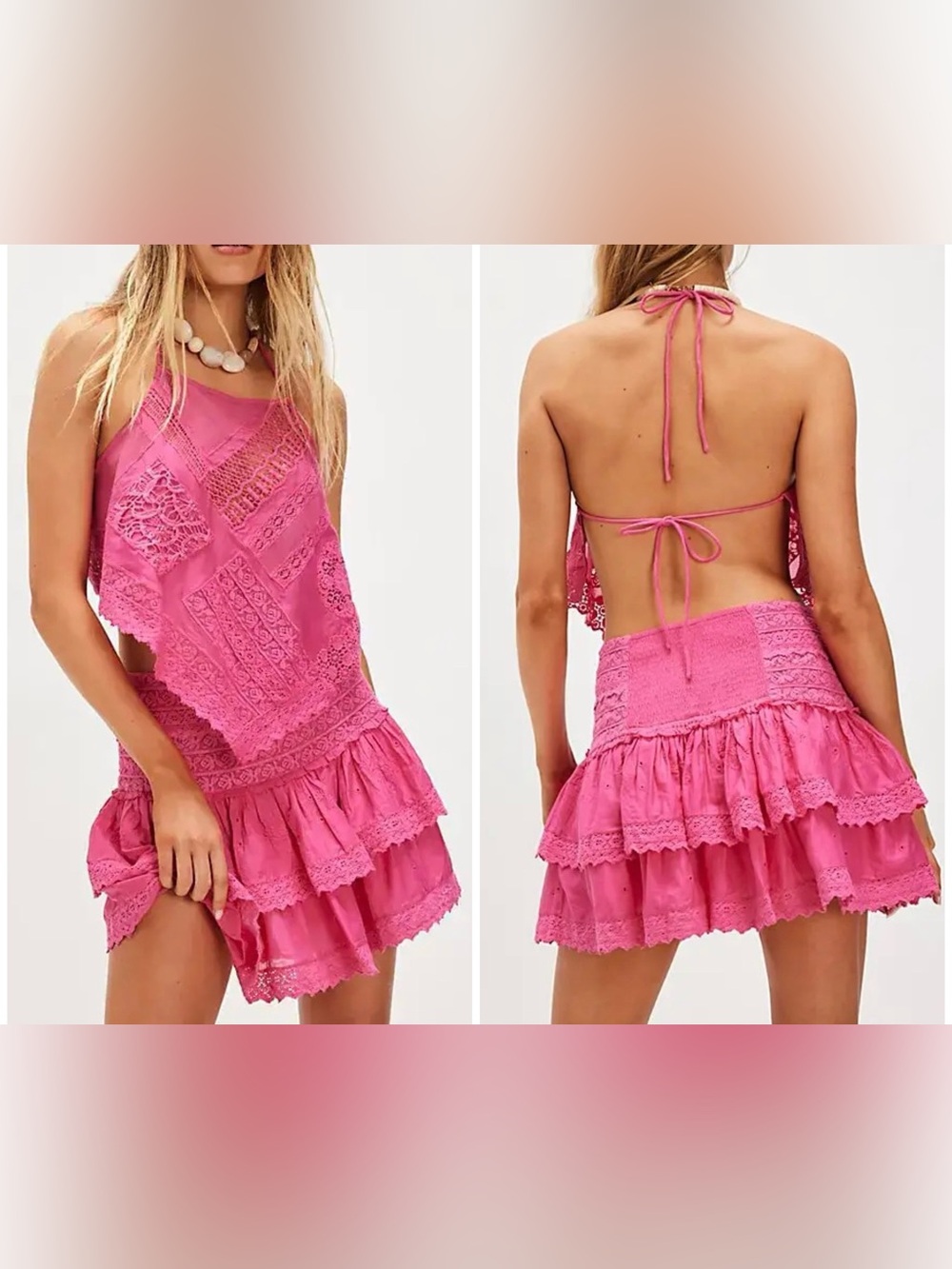 Free People Hot Pink Lace Tiered Mini Skirt Set